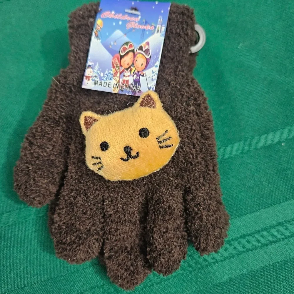 2/$15 2 Pairs Brown Kids Mittens with Animal Design